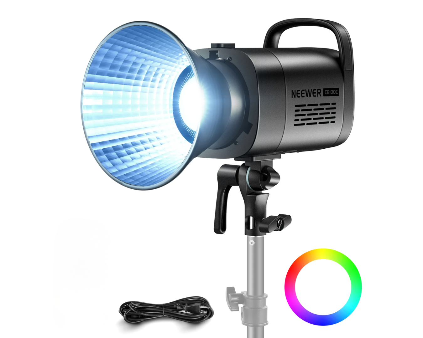 NEEWER CB100C RGB LED video light with reflector, power cord, and color wheel