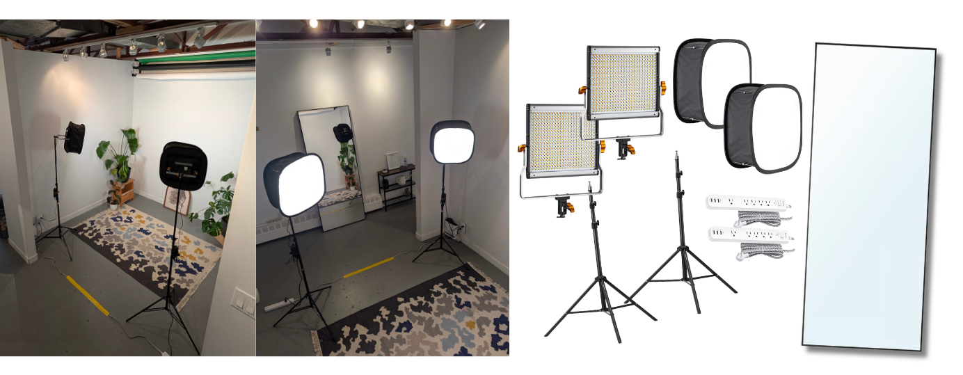 Photo booth by the entrance with lights, softboxes, stands, extension cords and a full-length mirror