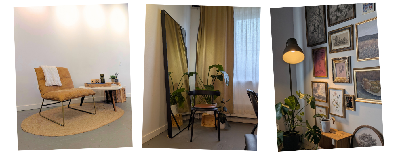 Workshop area with accent chairs, coffee table, jute rug, plants, floor lamp, and gallery wall
