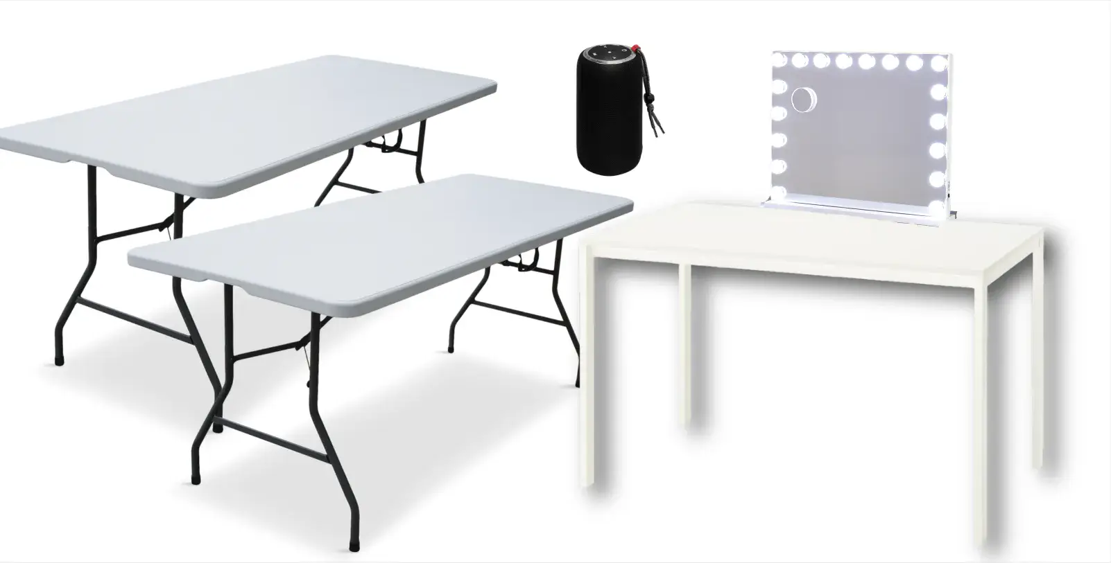 Workshop tables, vanity mirror, speaker, and rack